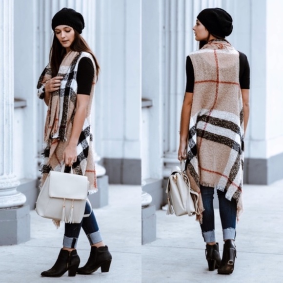 Classic Plaid Frayed Open Front Long Vest - Picture 6 of 6